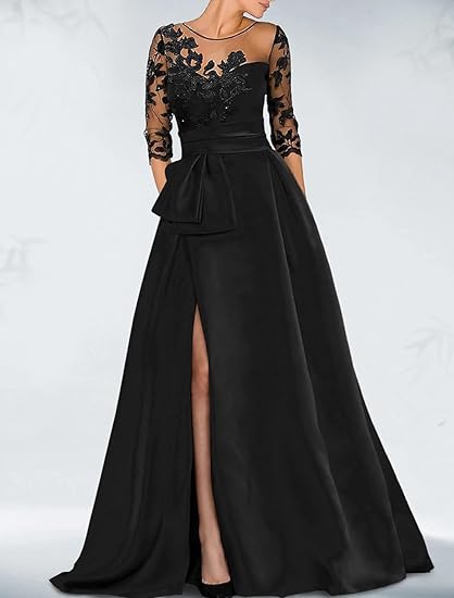 Buyishang A-Line Elegant Wedding Guest Dress Court Train Jewel Neck 3/4 Sleeve Evening Dress with Beading Slit Appliques